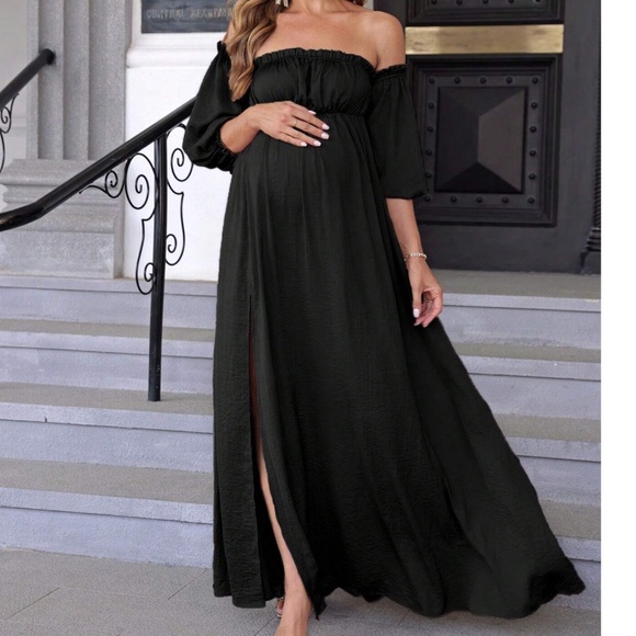 Maternity Off Shoulder 3/4 Sleeve Split Leg Party Occasion Maxi Dress - Picture 3 of 11